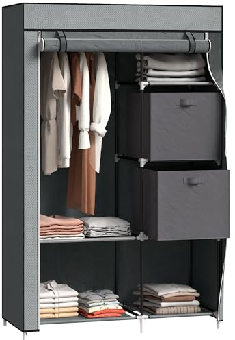 HOMCOM Fabric Wardrobe, Portable Wardrobe, Clothes Storage Unit with 5 Compartments, Hanging Rail and 2 Fabric Drawers, 102 x 42.5 x 162.5cm, Dark Grey