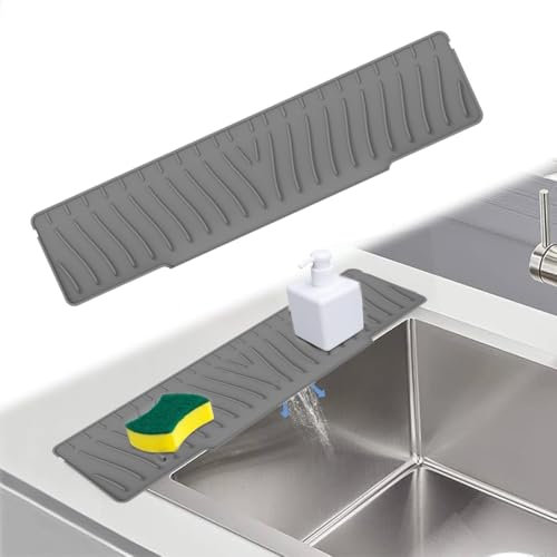 KEQAR Tapis Égouttoir en Silicone Étroit pour Vaisselle, Tapis d'Évier avec Drainage, Tapis de Cuisine en Silicone (45x10cm) (Gris)