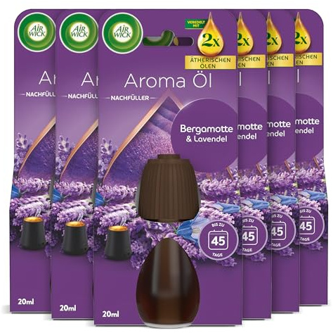 Air Wick aromoljeflaska påfyllning – doft: Bergamott och lavendel – Blommig rumsdoft med eteriska oljor – set med 6 x 20 ml doftölja