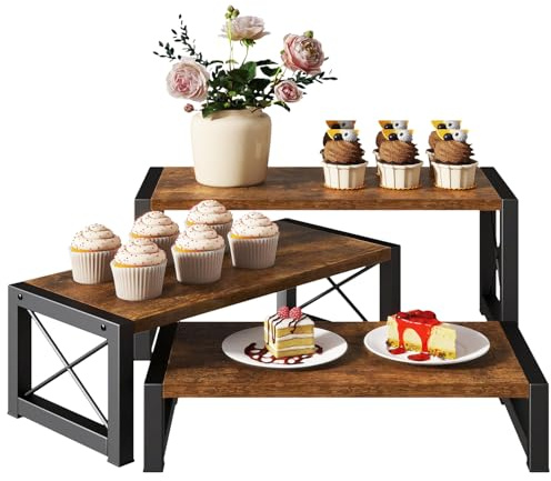 IBUYKE Présentoir à gâteaux, lot de 3, Support à Dessert en bois,Presentoir Aperitif Buffet, plateau de service à étages pour décorations,poupées,nourriture,parfums,Marron TLJ019H
