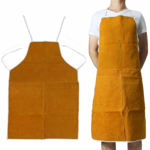 WIIYENA Delantal de soldadura de cuero para soldadores y herreros, correas ajustables para cuello y cintura, 65 x 95 cm, piel de vacuno amarilla para protección contra chispas