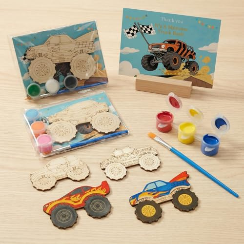 WORGO 24 PCS Monster Truck Party Favors, DIY Building & Painting Kits with 6 Unique Wooden Trucks, Crafts for Kids - Monster Jam Birthday Decorations, Goodie Bag Fillers for Kids Ages 4-8