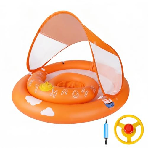 MYCARBON Salvagente Neonato 6 Mesi – 30 Mesi con Parasole Mutandina Regolabile Salvagente Bambini con Pompetta Galleggiante Ciambella per Mare Piscina(Arancione)