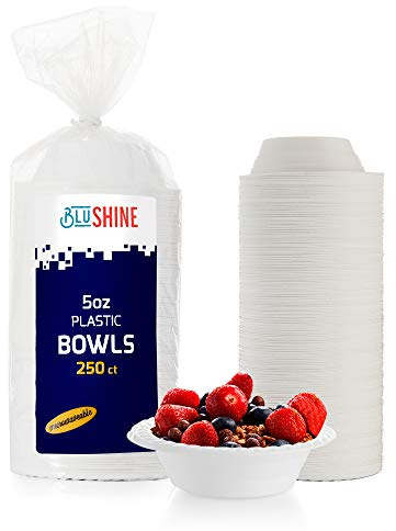 BluShine 250 Pack- 5 Oz Disposable Plastic Bowls Plates - Strong and Sturdy - Heat-Resistant and Soak-Proof - Does Not Melt or Cave in Microwave - Heavy Duty BPA-Free Plastic