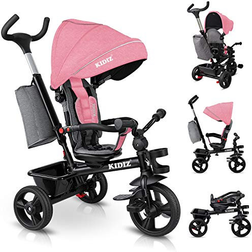 KIDIZ® Dreirad 6in1 Kinderdreirad mit Schubstange Lenkbar ab 9 Monaten bis 25Kg Jogger vorwärts & Rückwärtsfahrt, Korb Tasche Getränkehalter Sonnendach Gummiräder Buggy Fahrrad Baby Klappbar Rosa