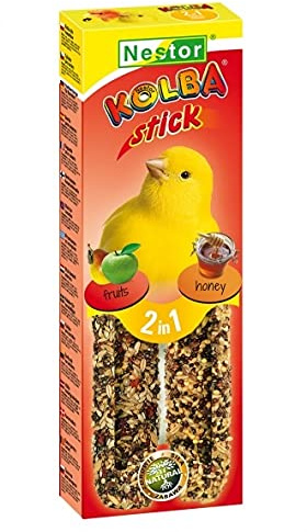 2x Sticks for Canaries with FRUITS and HONEY Parakeets Bird Seed Food 85g Yellow Singing Canary Finches Seed 2 in1 Flavours Treats and Snacks with Hooks