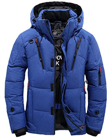 Veste d'hiver épaisse et chaude pour homme avec capuche en duvet de canard épais Manteau parka décontracté mince Manteau pour homme avec de nombreuses poches, bleu, M