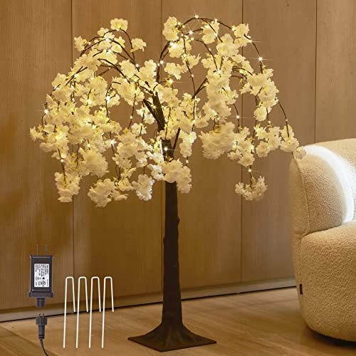 LITBLOOM White Cherry Blossom Tree with Lights 4FT 180 Fairy Lights, Faux Lighted Tree for Indoor Outdoor Home, Wedding, Party Spring Decoration
