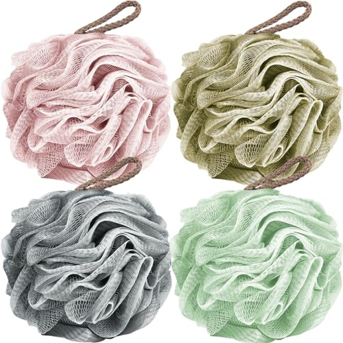 Fu Store Loofah Sponge Shower Loofahs 50g Bath Sponges Mesh Balls 4 Colors for Body Scrubber Exfoliator Wash Back Scrubbers Bathroom Men Women - 4 Pack Cleaning Bathing Accessories