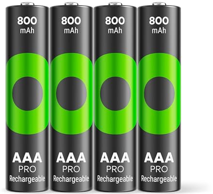 GP ReCyko PRO AAA-batteri 800 mAh NiMH, 1,2 V, 4 stycken uppladdningsbara batterier AAA, utvecklade för optimal prestanda för strömintensiva enheter, upp till 1 500 laddningscykler