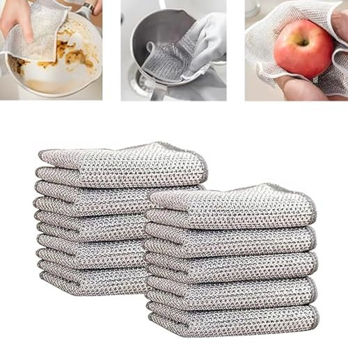 Chiffon de nettoyage en fil métallique double face, chiffon de nettoyage en fil métallique, chiffons polyvalents for vaisselle, éviers, comptoirs, plaques de cuisson, rinçage facile, lavable en machin