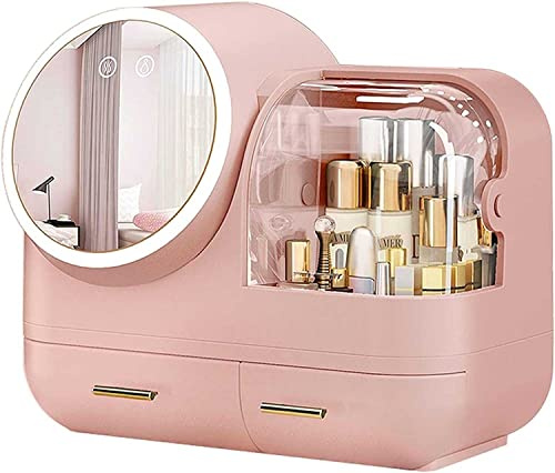 Organizer per trucchi con specchio LED rotante a 360°, scatola portaoggetti multifunzionale da appoggio, organizer per cosmetici, 3 opzioni di colore