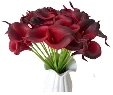 Wisafory 10 pezzi artificiale Calla Lily fiori artificiali realistici lattice calla giglio, bouquet da sposa artificiale, decorazione per matrimoni, soggiorno, ufficio, hotel, cucina, rosso vino