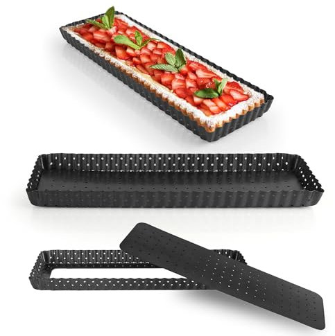 YKUKIZEE 2 Pack Rectangle Perforated Quiche Tin with Loose Base 14 Inch, Non-Stick Perforated Flan Tins for Baking Fluted, Crispy Perforated Rectangular Tart Tin with Removable Bottom Oven Pie Dish