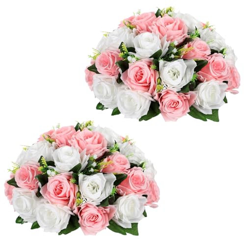 Oairse Set med 2 konstgjorda blombollar med 30 huvudrosor, konstgjorda sidenblommor, bukett, rosbukett för bröllop, hem, bordsfest, fönsterdekoration, bröllopsmedelstycken, vitrosa