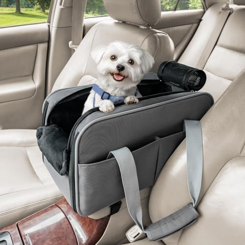 PETSFIT Seggiolino auto per cani di piccola taglia, portatile, approvato dalle compagnie aeree, con laccio di sicurezza e tasche, grigio scuro