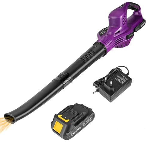 Exmate Soplador de hojas eléctrico de 20 V, 130 MPH, juego de 2,0 Ah con batería de litio y cargador, se puede utilizar para quitar hojas/suciedad/nieve/terrazas/terrazas/jardines (amarillo