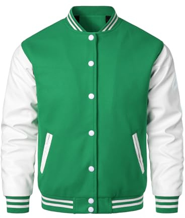HOOD CREW Mens Varsity Jackets Faux Leather Sleeve Letterman Boys College Baseball Jacket Green M