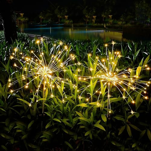Fosingut Luces Solares Jardin de Fuegos Artificiales,2 Piezas 120LED Luz Solar Exterior Jardin Iluminación de Caminos,Impermeable BlancoCálido Luce de Luciérnaga para Adornos Navidad Fiesta,Boda,Patio