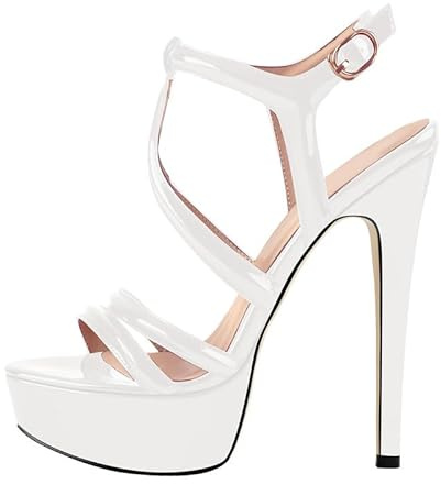 MissHeel Platform Stiletto Heels Ankle Sandals for Women T-strap Buckle up Open-back High Heel Summer Sandals White Size 9