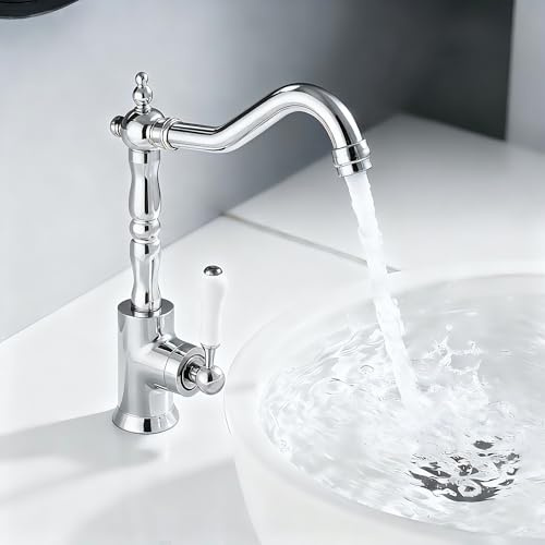 Wasserhahn Küche Retro, Küchenarmatur 360° Drehbar, Mischbatterie mit Einhebelmischer für Bad/Küche, Wasserhahn Bad Hoch 280mm, Waschbecken Armaturen Chrom aus Messing