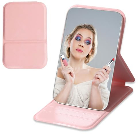 WhaleO Petit Miroir de Poche Pliant en Cuir PU 11x7CM Ultra Fin et Pliable Miroir Portable Pliable pour Salle de Bain,Bureau, Rose