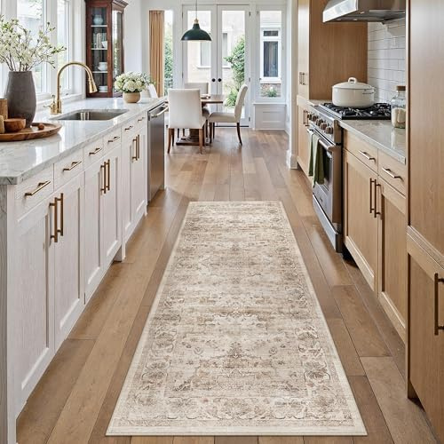 PureCozy Vintage Tappeto Cucina 60x180cm Antiscivolo Lavabile Passatoia Scendiletto Corridoio Camera da Letto Sala Ufficio Lungo Carpet Morbido Pelo Corto Rug,Beige & Marrone