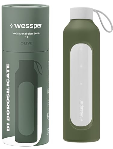 Wessper glasflaska med silikonhölje, borosilikatglasflaska med tidsangivelse 1 liter, sportflaska Perfekt för träning, skola, sport, barn - Olivgrön