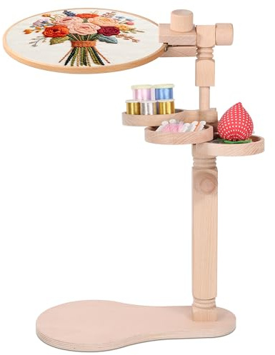 Support de cadre à broder en bois avec étagère intermédiaire, support de point de croix réglable pour travaux manuels, support de broderie mains libres avec étagère à outils pour l'artisanat et les