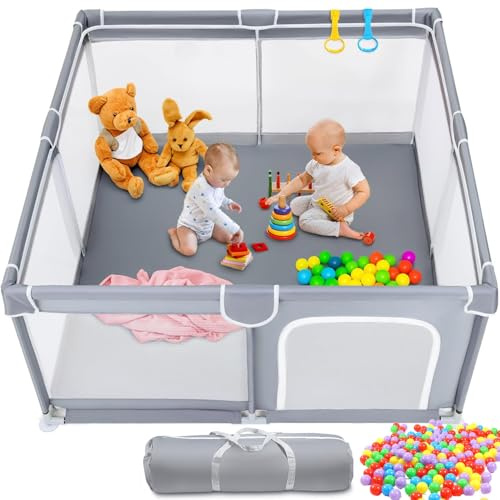 150 x 180 cm Parque Bebe, Niño, XXL, con 50 bolas 2 anillo, Zona de juegos no tóxica y segura para bebés, parque infantil con puerta con cremallera -Gris