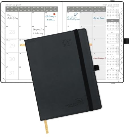 POPRUN Agenda Månadskalender 2026 2027, Juli'26 - Dec'27, 18 Månader 22 x 16,5 cm, 2 Sidor per Månad, Skolkalender, Mjuk PU Läderomslag, Papper 100 gsm,Svart