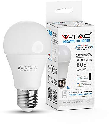 V-TAC Lampadina LED E27 10W A60 Compatibile con Google Home e Amazon Alexa Tramite App Smart RGB e 3 in 1 Dimmerabile