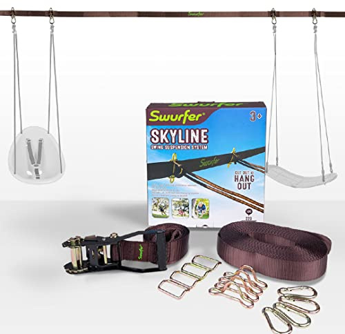Swurfer Skyline Tree Swing Hanging Kit – Heavy Duty, Weather Resistant, Swing Line to Hang Multiple Swings, Span Up to 40 Feet, Includes 4 Adjustable Locking Anchors & Carabiners, Easy Installation