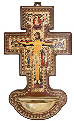 VILLAGE GIFT IMPORTERS - San Damiano Wall Cross | Flat Cross or Holy Water Font | Great Catholic Home Decor | Religious Christian Gift for Special Occasions