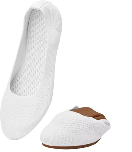 Puxowe Ballerine Femme Rond Tricot Pointe Chaussures Plates Confort Cale Bas Slip on Walking Robe Chaussures pour Femmes Doux 36 EU Blanc
