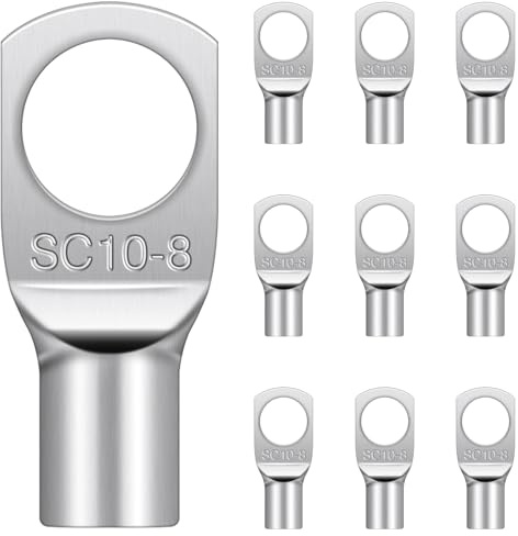 Hanibos Cable Lugs M8, Tinned Copper 10mm² Ring Crimp Terminals 10 Pcs | SC10-8 Uninsulated Tube Battery Cable Ends for Auto Batteries, Electrical Wiring and Distribution Boxes