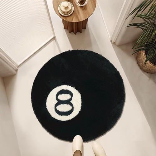 HAMON Teppich für 8 Bälle, Teppiche Schwarz Weiss für 8 Bälle Beflockt rutschfeste Teppich Waschbar Weich Badvorleger Kreis Teppiche Für Wohnzimmer Esszimmer Schlafzimmerdekoration (60cm)