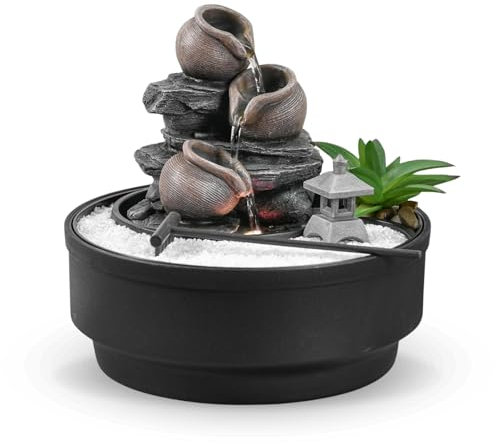 Fontaine d'Intérieur Jardin Zen, Fontaine Cascade Jarre, Lumière LED Coloré, Décoration Ambiance Relaxant, Jardin Zen Sable Blanc, Fontaine de Table Circuit fermé, H21 cm - Oasis Zen’Light