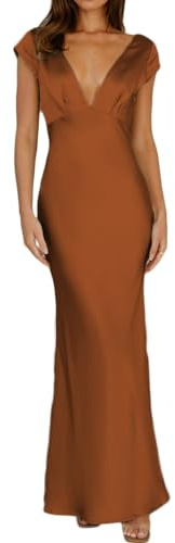 Halfisland Dam sommar satin V-hals keps ärm öppen maxiklänning elegant twist utskuren midi-klänningar bröllopsgäst, Brun, M