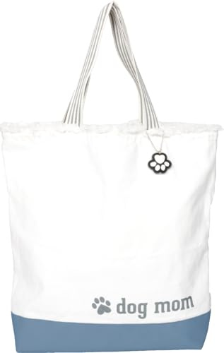 Pavilion Gift Company Mom-15 x 18.5 Open Top Double Handled Over The Shoulder Fringe Tote Bag with Paw Print Keychain Puppy Dog Lover, Blue & White