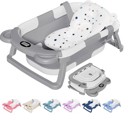 TPN Collapsible Baby Bathtub, Baby Bath Tub with Soft Cushion & Real-Time Thermometer, Baby Bathtub Infant to Toddler Tub (0-36 Months), Portable Newborn Travel Bath tub