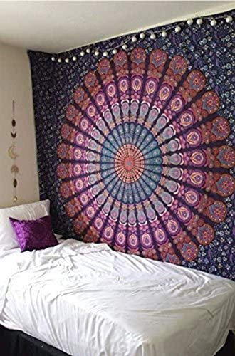 Original Kikan Indian Tapestry Mandala Wall hanging Bohemian Decor Bedspread Multi Coloured Cotton Hippie Boho Gypsy Sheet Hand printed (PINK, twin)