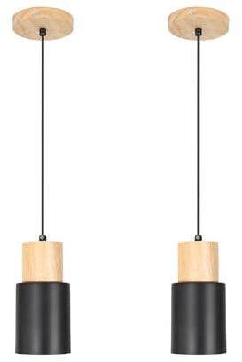 Tealight 2 Piezas Lámpara Colgante Vintage Negra E27 Iluminación Colgante Diseño en Metal y Madera Iluminación de Techo de Interior Regulable En Altura para Pasillo Comedor Dormitorio Bar Cocina