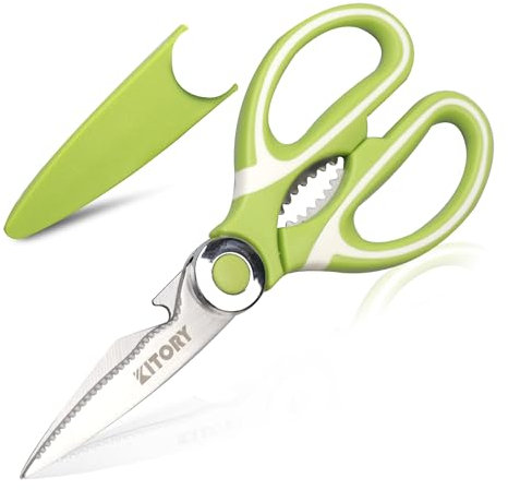 Küchenschere 21 cm, Universalschere mit Klingenabdeckung, Scharfe Haushaltsschere, Flaschenöffner, Sägeschliff, Qualitätsstahl, Spülmaschinenfest, grün