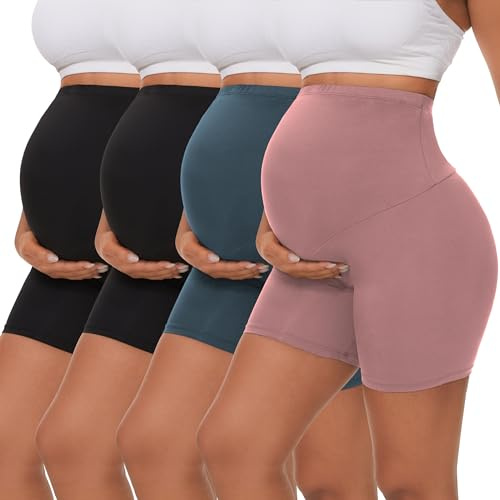 Dalavch 4 Pack Women's Maternity Yoga Shorts Over the Belly Pregnancy Biker Workout Active Athletic Pregnant Shorts 5” 2 Black 1 Pink 1 Blue Large