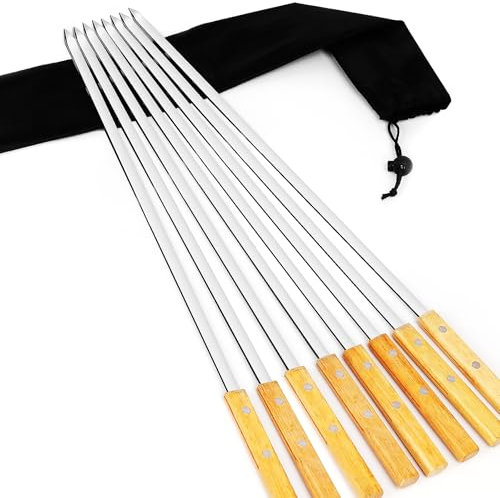 GXFCING 8 Pièces Brochettes pour Barbecue Inox, Kebab Brochette Plates Extra Longues de 55cm en Acier Inoxydable avec Poignée en Chêne Massif, Brochettes de Gril en Métal Réutilisables
