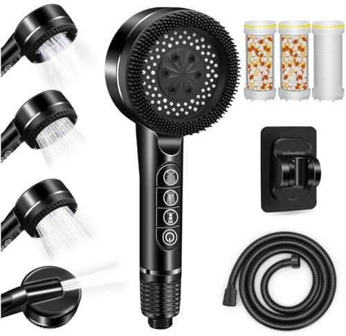 Duschkopf mit Filter REETEE Duschbrause mit Schlauch 4 Strahlarten Hochdruck Handbrause,Sparduschkopf mit Antikalk-Funktion, Duschkopf Wassersparend für Hartes Wasser/Bakterien/Rest-Chlor (schwarz)