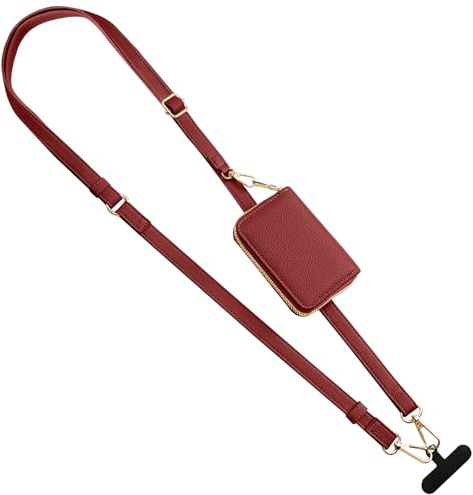 TiMOVO Clip & Go bärrem mobiltelefon snodd, mobiltelefon Tether med läderplånbok, universell crossbody-snodd med justerbart halsband, kompatibel med de flesta smartphones, mörkröd