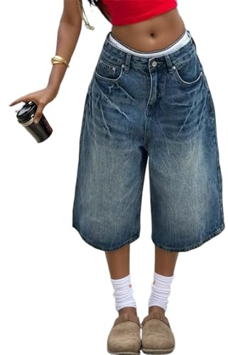 Y2k Jean 3/4 pour femme - Pantacourt baggy - Jambes larges - Court - Denim - Hip Hop Streetwear - Destroyed - Pantalon d'été court - Pantalon de jogging - Pantalon trois-quarts avec poche