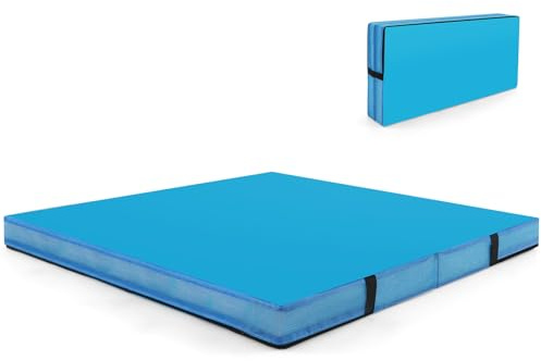 COSTWAY Turnmatte klappbar, 122 x 122 x 10 cm Weichbodenmatte, Gymnastikmatte faltbar & tragbar, quadratische Sportmatte aus PU-Bezug mit Tragegriffe, Yogamatte indoor für Kinder, Erwachsene (Blau)